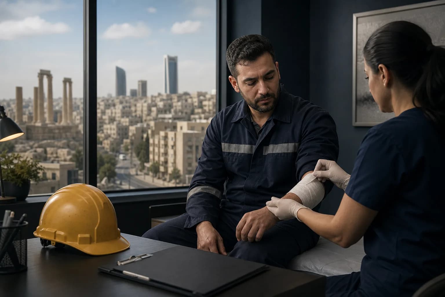 Jordanian worker receiving medical care after a workplace injury beside an organized case file