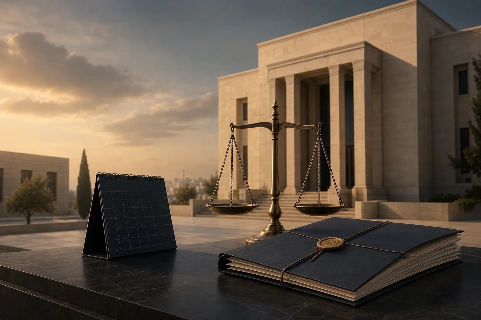 Jordanian courthouse with a justice scale, court file and calendar