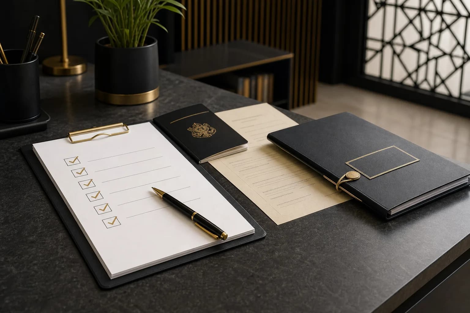 A file containing a passport, translation, and document checklist for a marriage approval application in Jordan