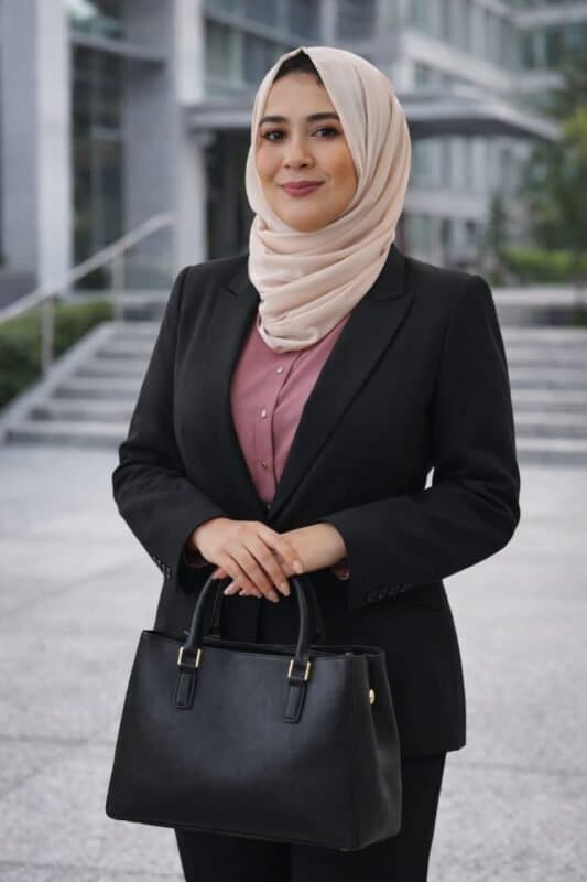 Professional portrait of a woman wearing a headscarf and black blazer and holding a handbag