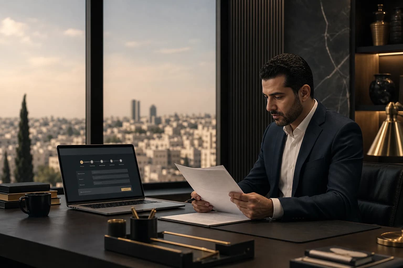 رائد أعمال يراجع مستندات تأسيس شركة ذات مسؤولية محدودة في الأردن أمام حاسوب