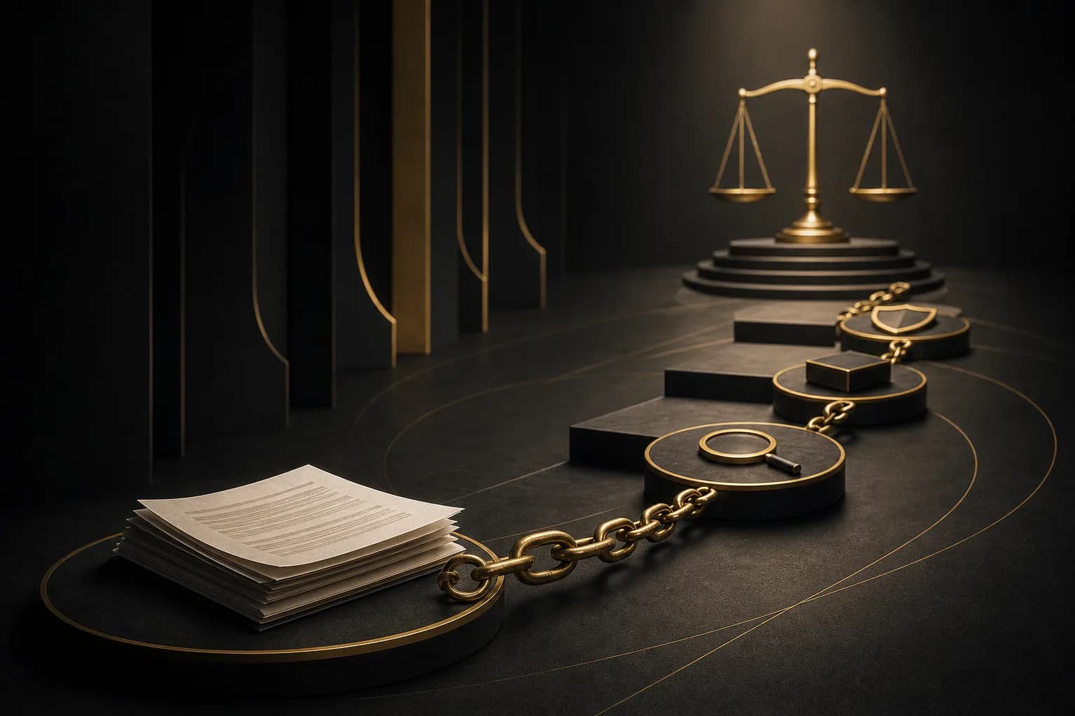 An abstract editorial illustration combining scales of justice, legal documents, and a chain symbolizing chain of custody.