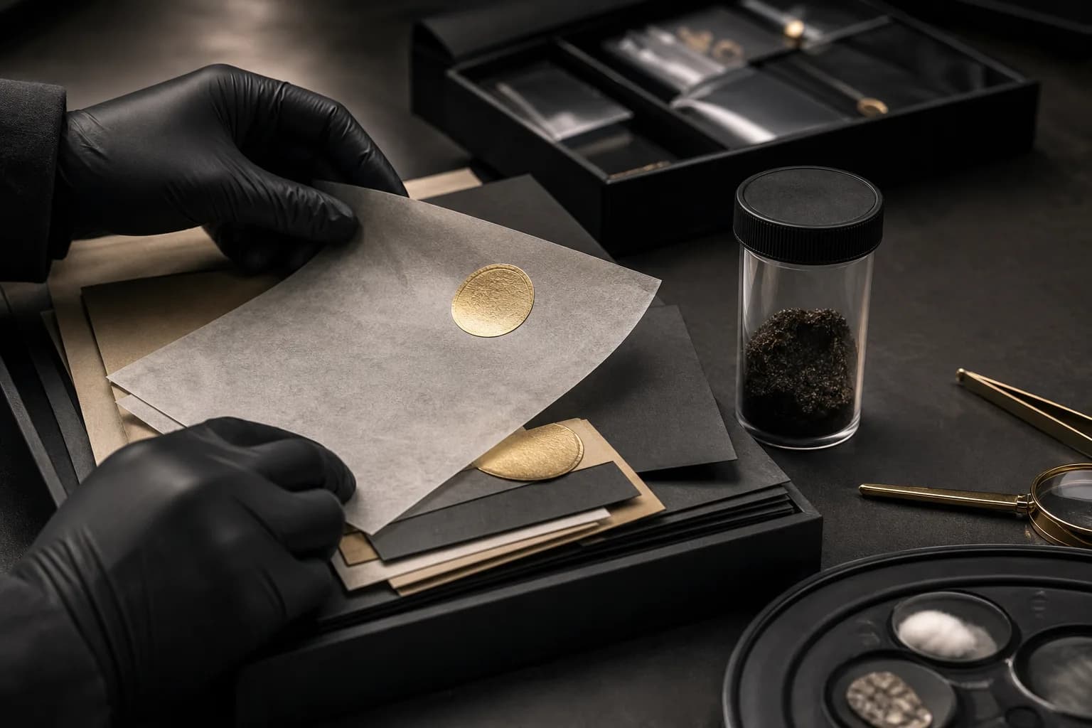 An abstract forensic-evidence review scene with gloves, document pages, evidence seals, and a laboratory sample container, with no text or logos.