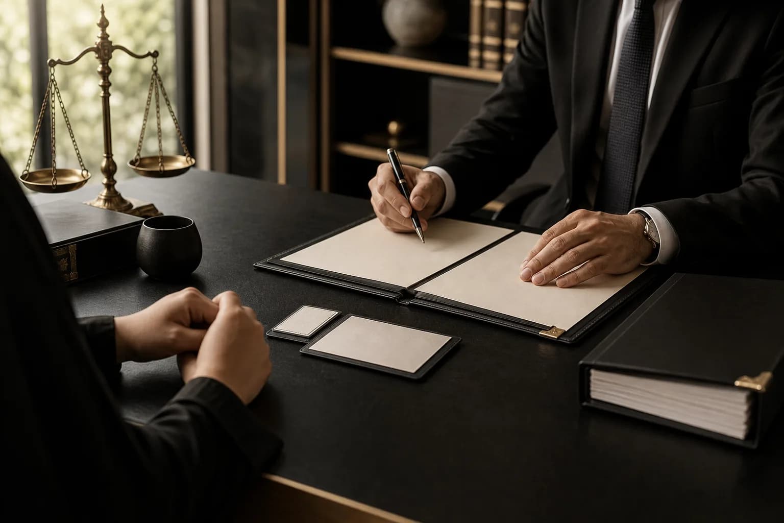 A lawyer and injured person reviewing a criminal complaint and compensation request