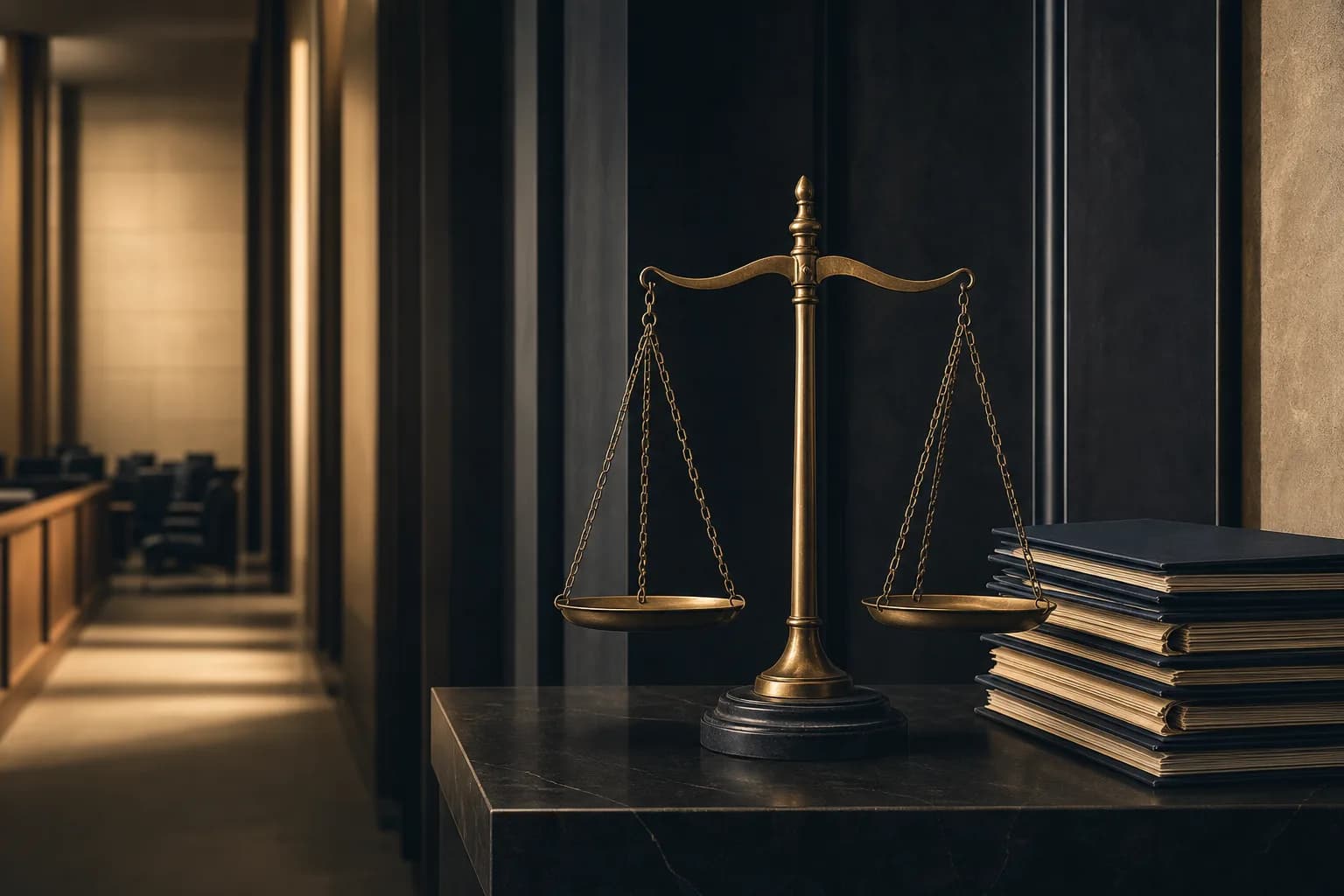 ميزان عدالة بجانب ملفات قانونية مرتبة وممر محكمة محايد بألوان كحلية وبيج