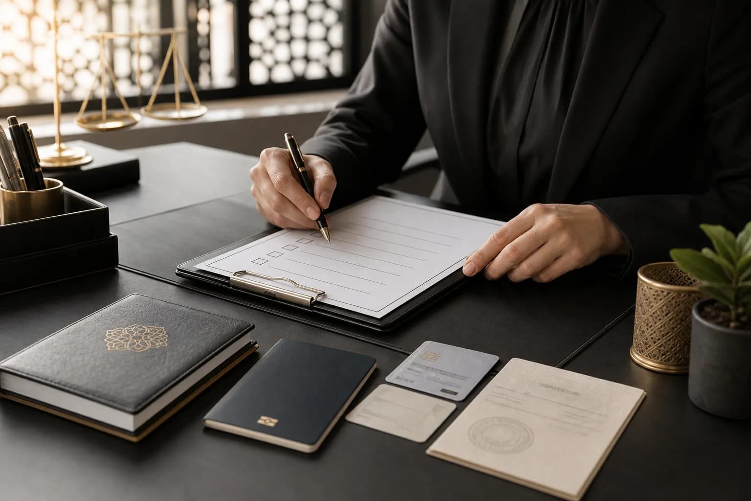 Reviewing a marriage-document checklist beside a passport and official papers in a legal office