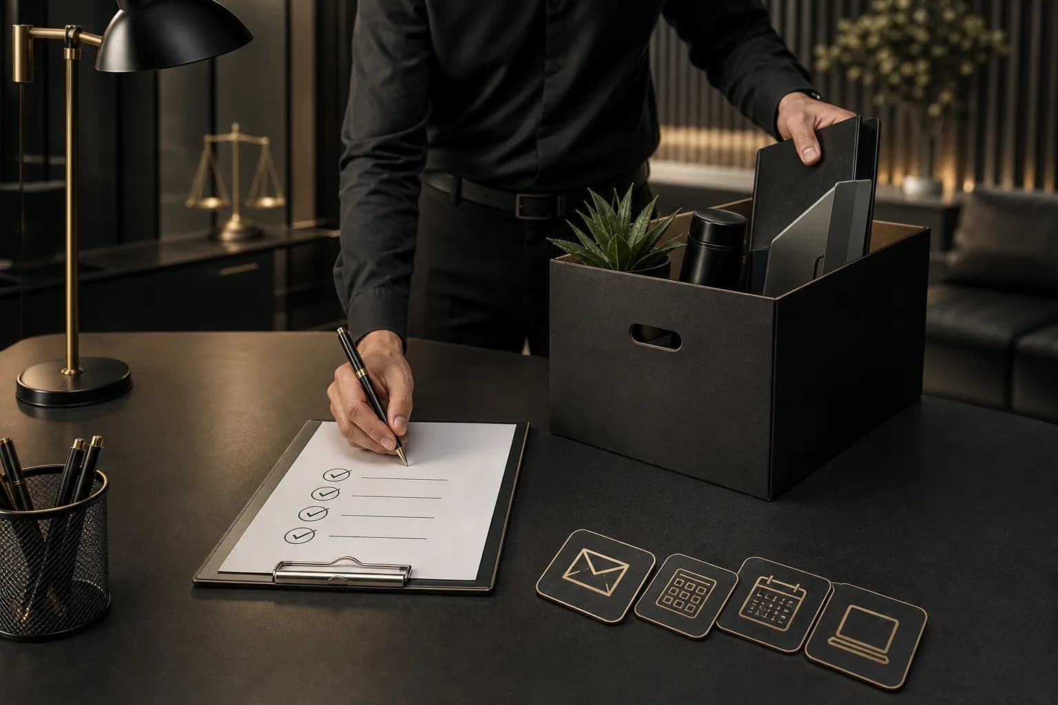 Practical checklist illustrating resignation, final wage and leave review, and handover of employer property.