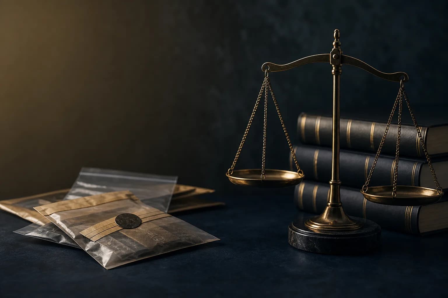 Justice scales beside sealed evidence bags and law books on a dark blue desk, with no text or logos.