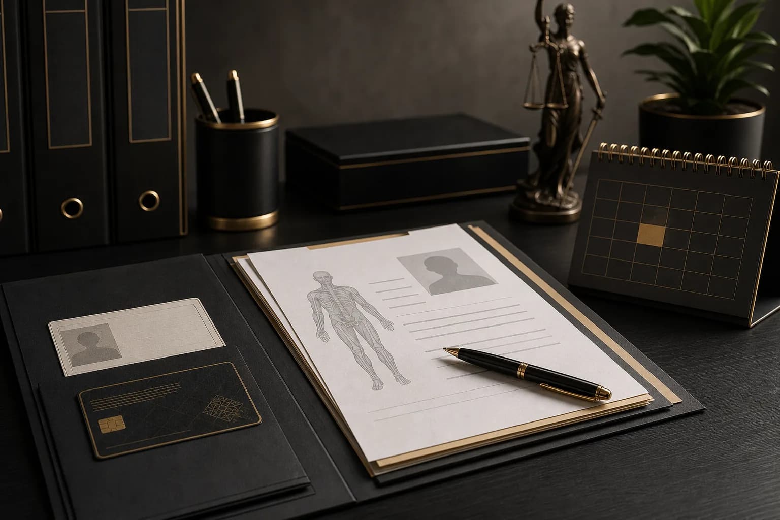 Organized file with a medical report, calendar, and documents related to reporting a work injury