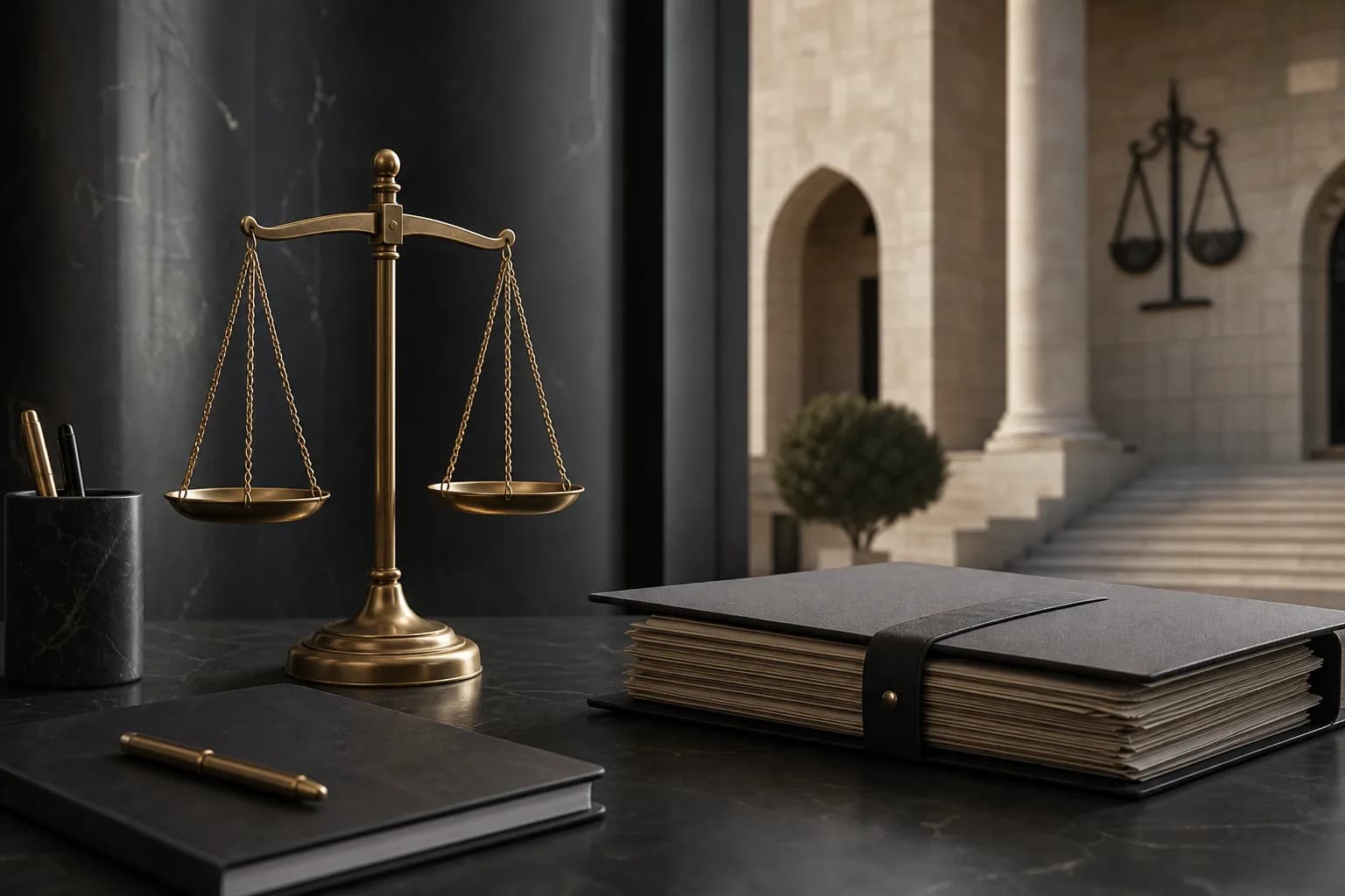 Justice scales and a case file representing compensation and civil claims in Jordan