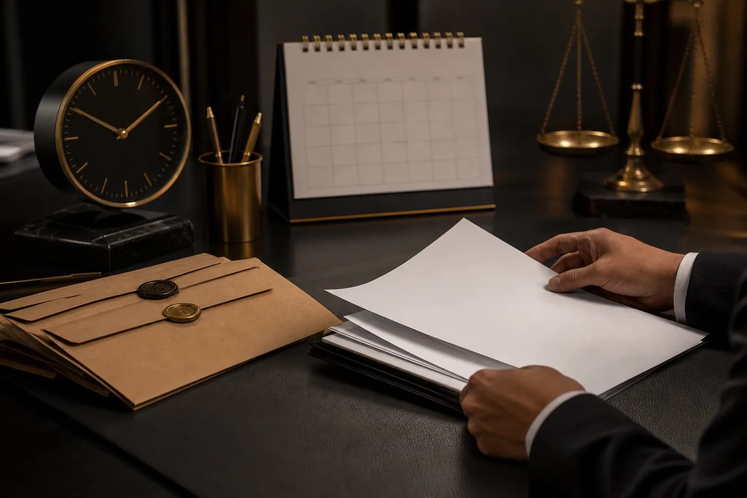 Appeal brief pages, envelopes, and filing-time materials arranged on a legal desk