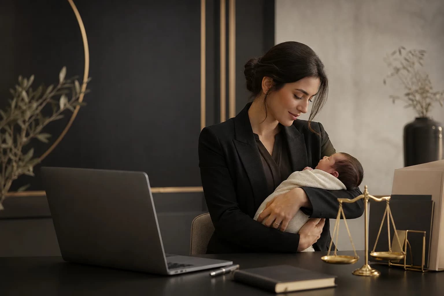 Working mother with a newborn beside a laptop and documents symbolizing maternity leave and benefits in Jordan