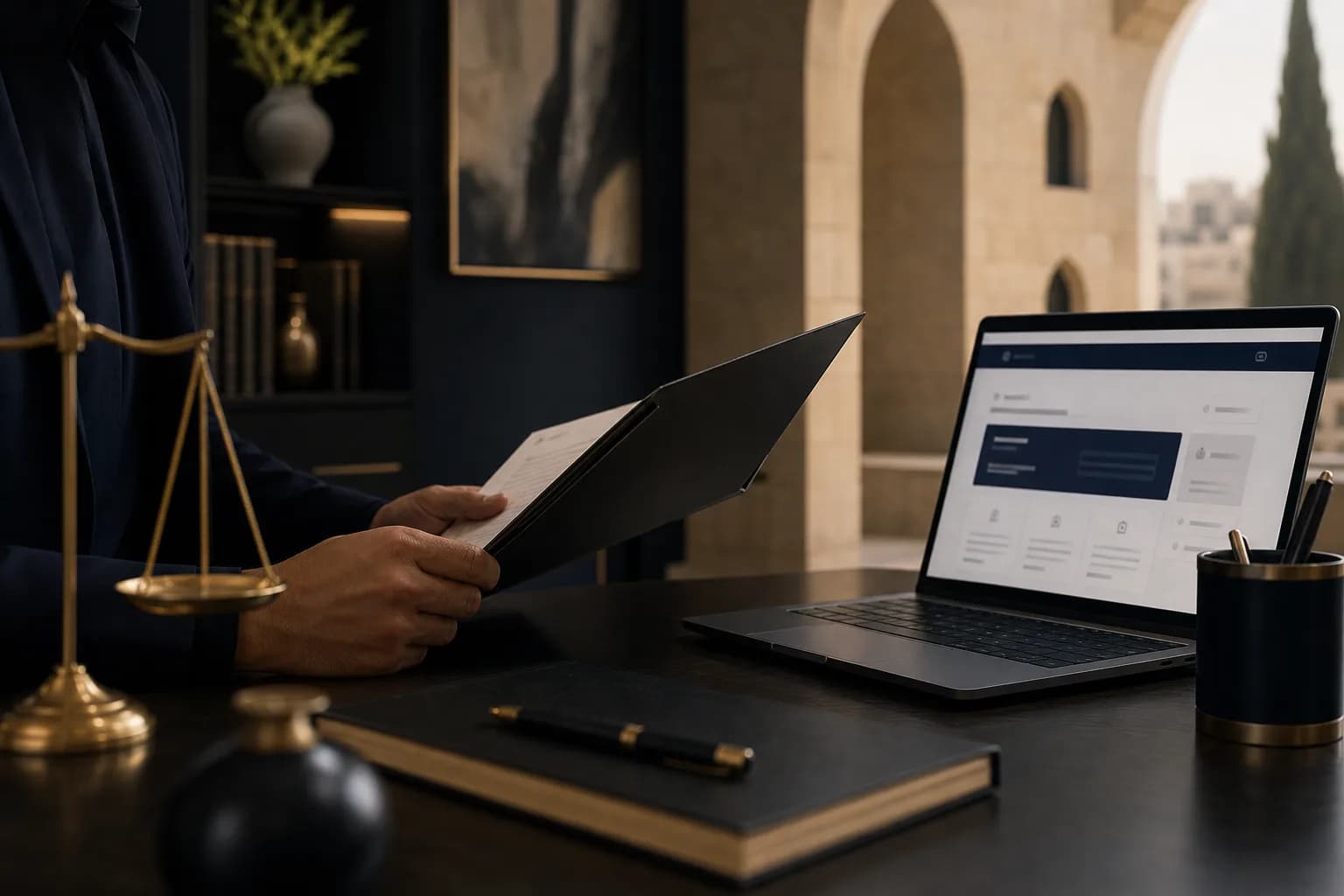 صاحب مشروع يراجع إجراءات تسجيل اسم تجاري في الأردن أمام حاسوب وملفات قانونية
