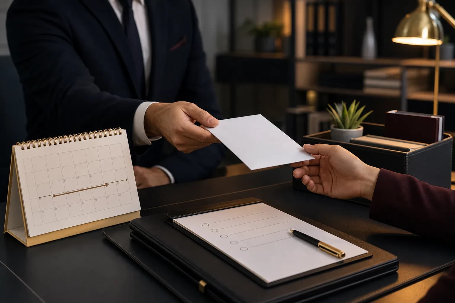 Private-sector worker submitting a resignation letter beside a calendar and a checklist for final employment settlement.