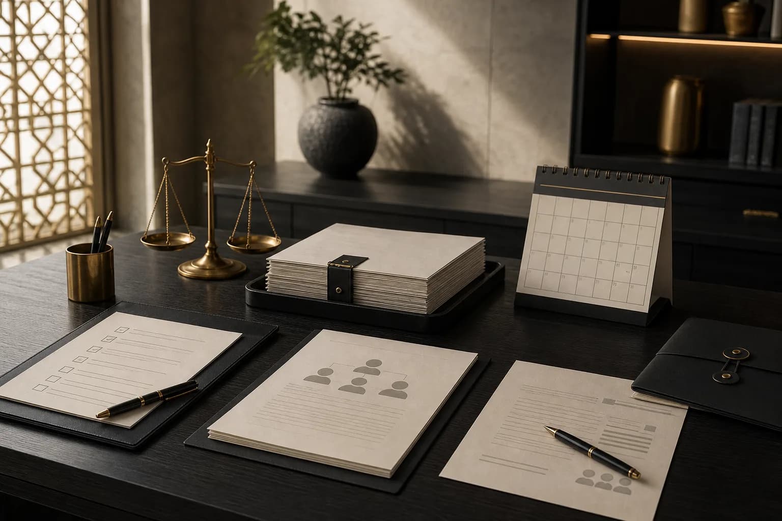 Organized documents, a checklist, and a calendar representing the follow-up of an association registration application in Jordan