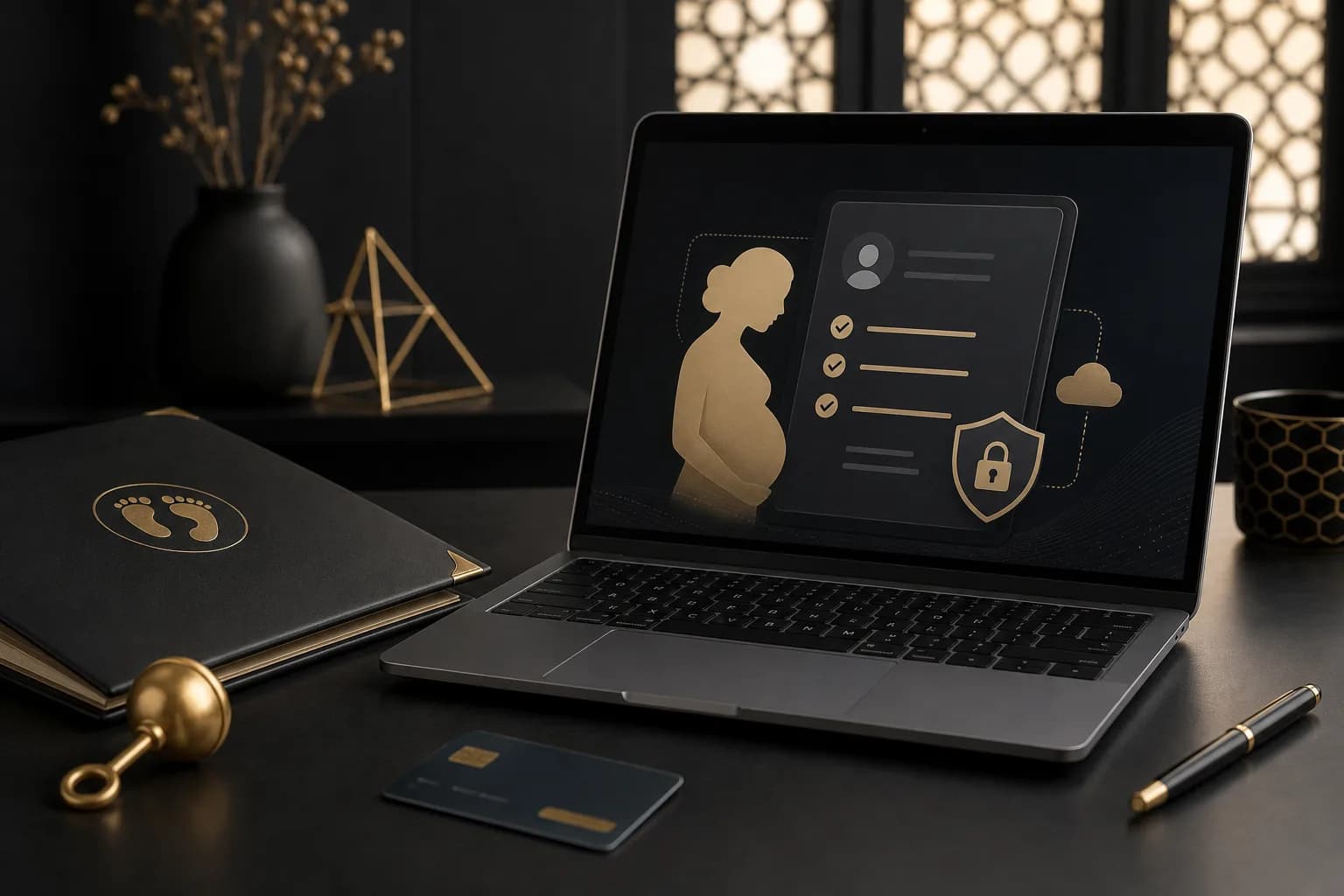 Conceptual illustration of an electronic maternity benefit application with a birth certificate and bank account details