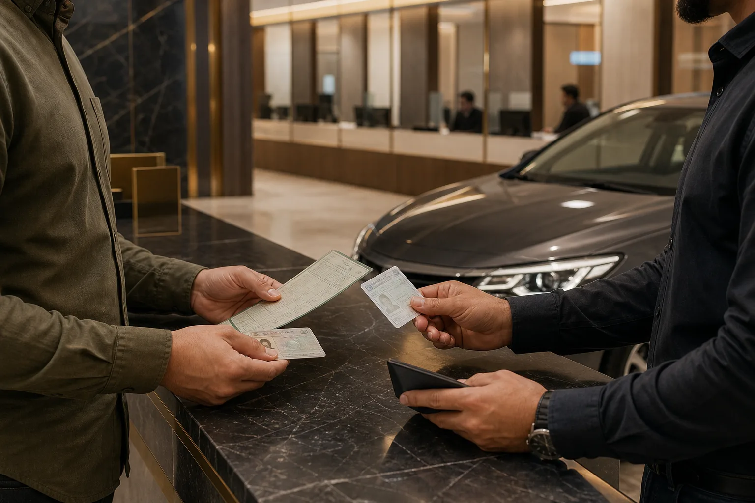 Seller and buyer reviewing a vehicle licence and identity cards before completing an ownership transfer