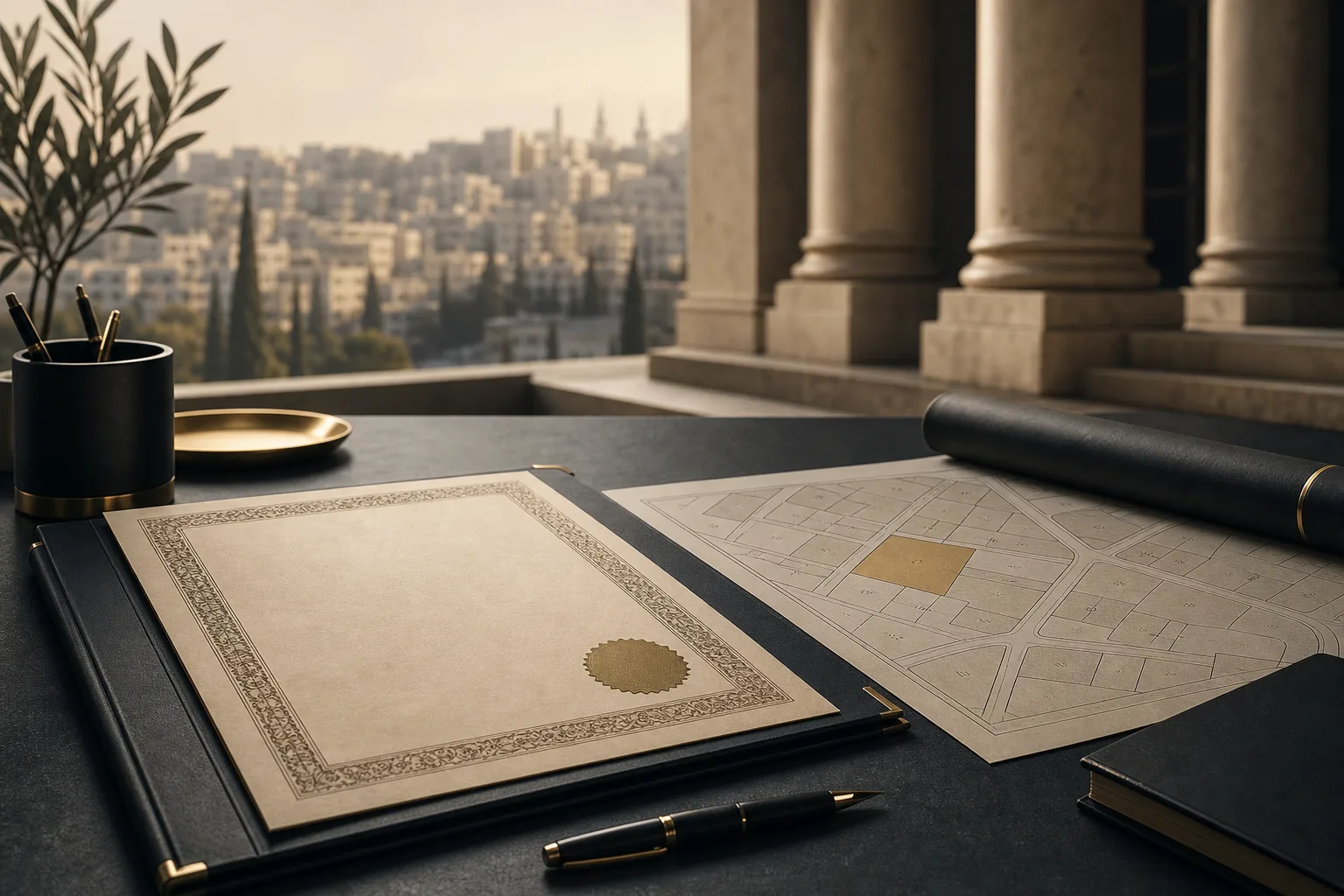 Title deed and property plan before courthouse columns in an educational illustration about property interference claims in Jordan