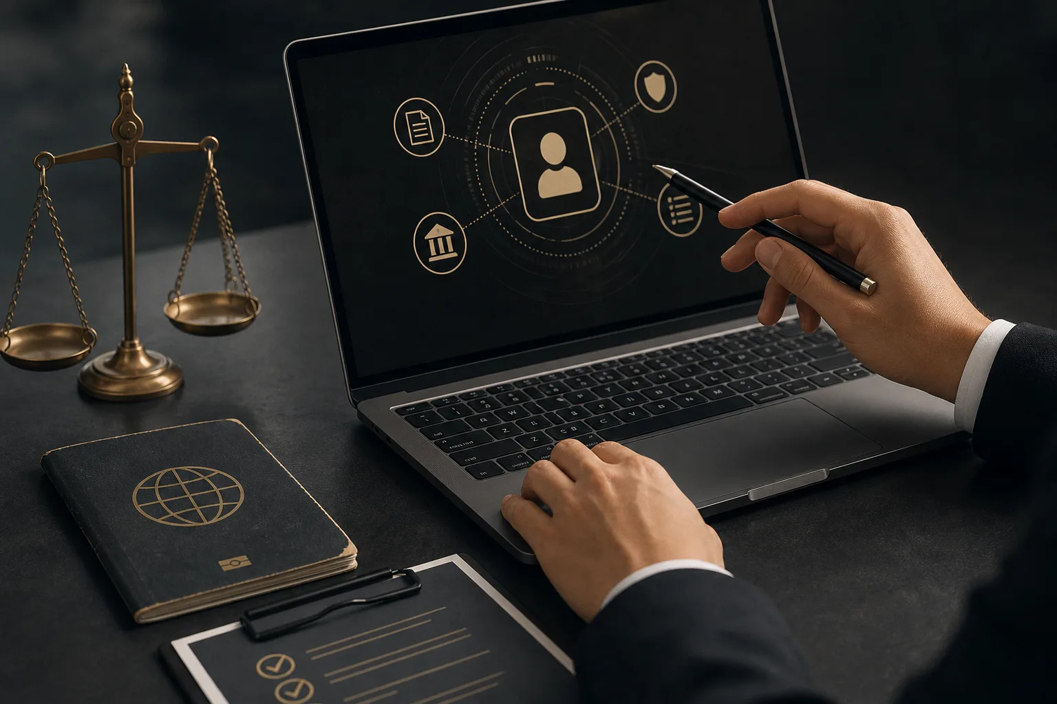 Reviewing an electronic minor passport renewal application beside an expired passport and requirements checklist