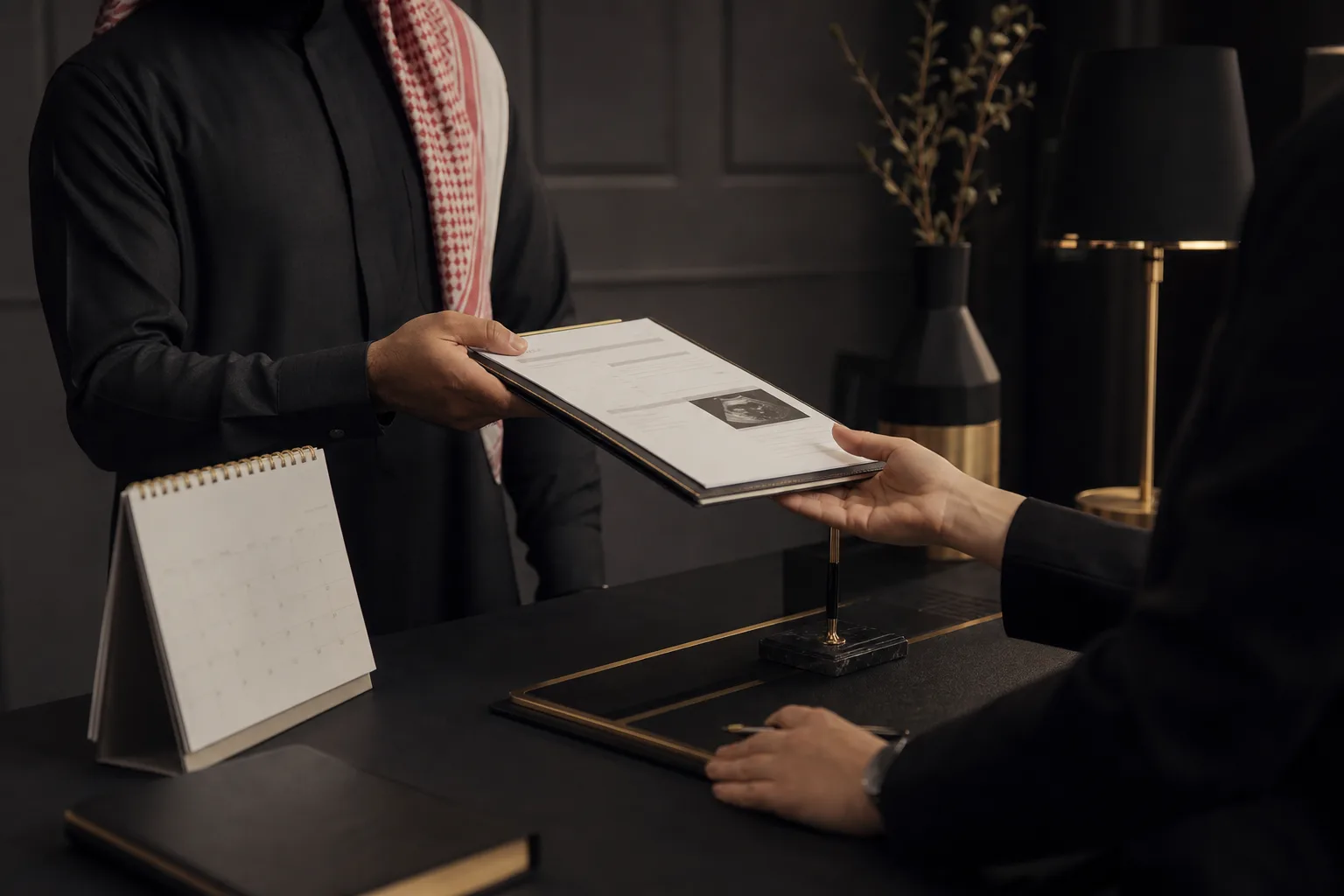 عامل أردني يقدم طلب إجازة أبوة إلى قسم الموارد البشرية مع مستند طبي وتقويم