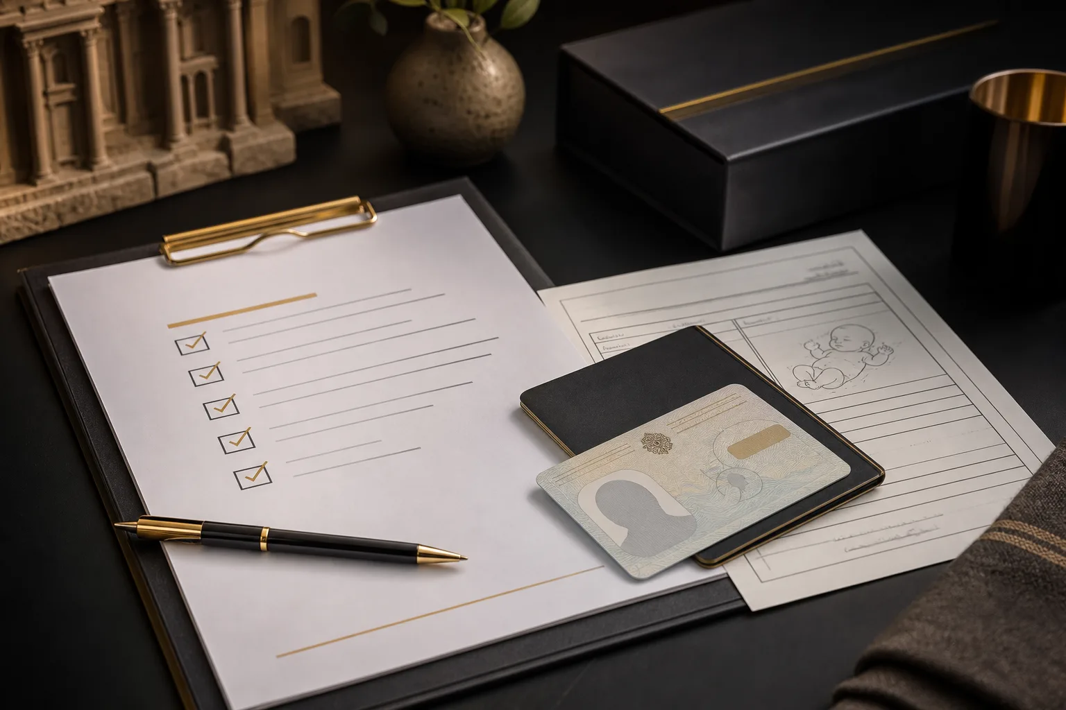 Organised documents representing birth notification and newborn registration in Jordan
