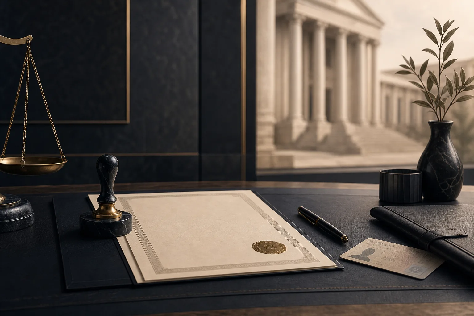 A notary public desk with a certified power of attorney, identity documents, and an official stamp