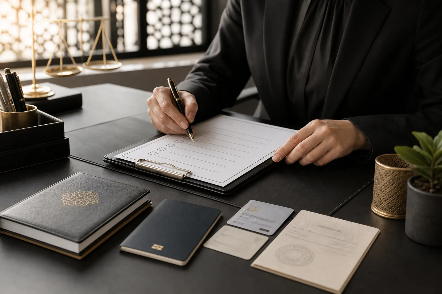 Reviewing a marriage-document checklist beside a passport and official papers in a legal office