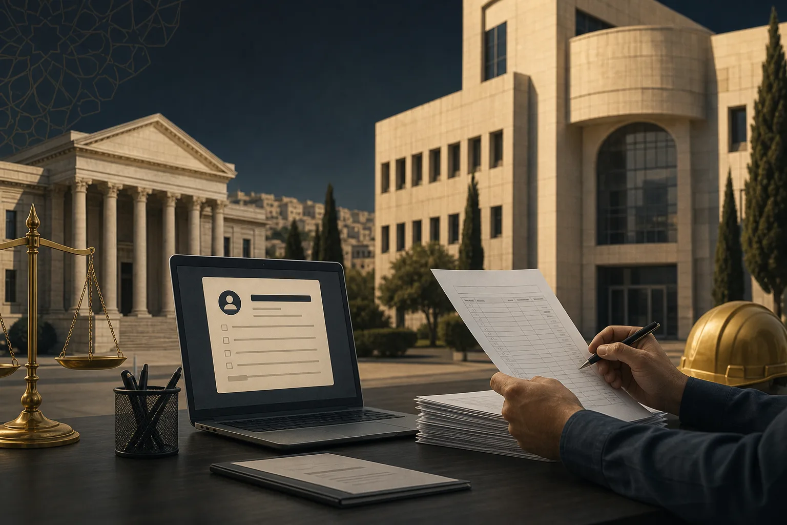 Worker reviewing wage records beside a generic electronic labor complaint form in Jordan