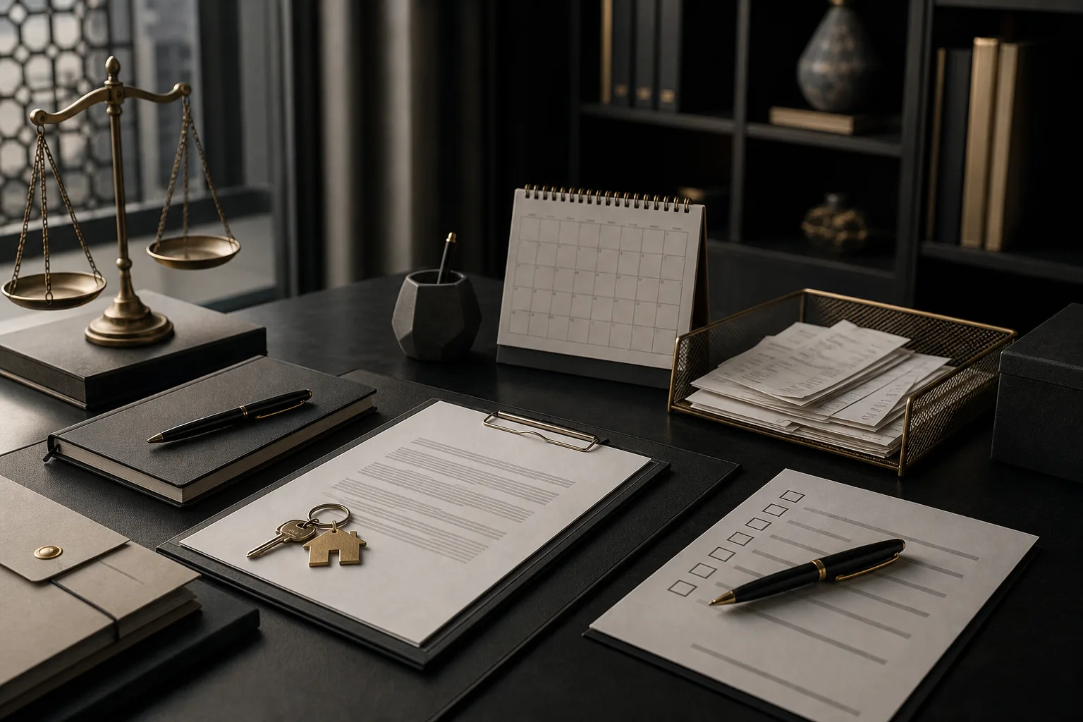 A legal desk with a lease, payment receipts, calendar, and document checklist