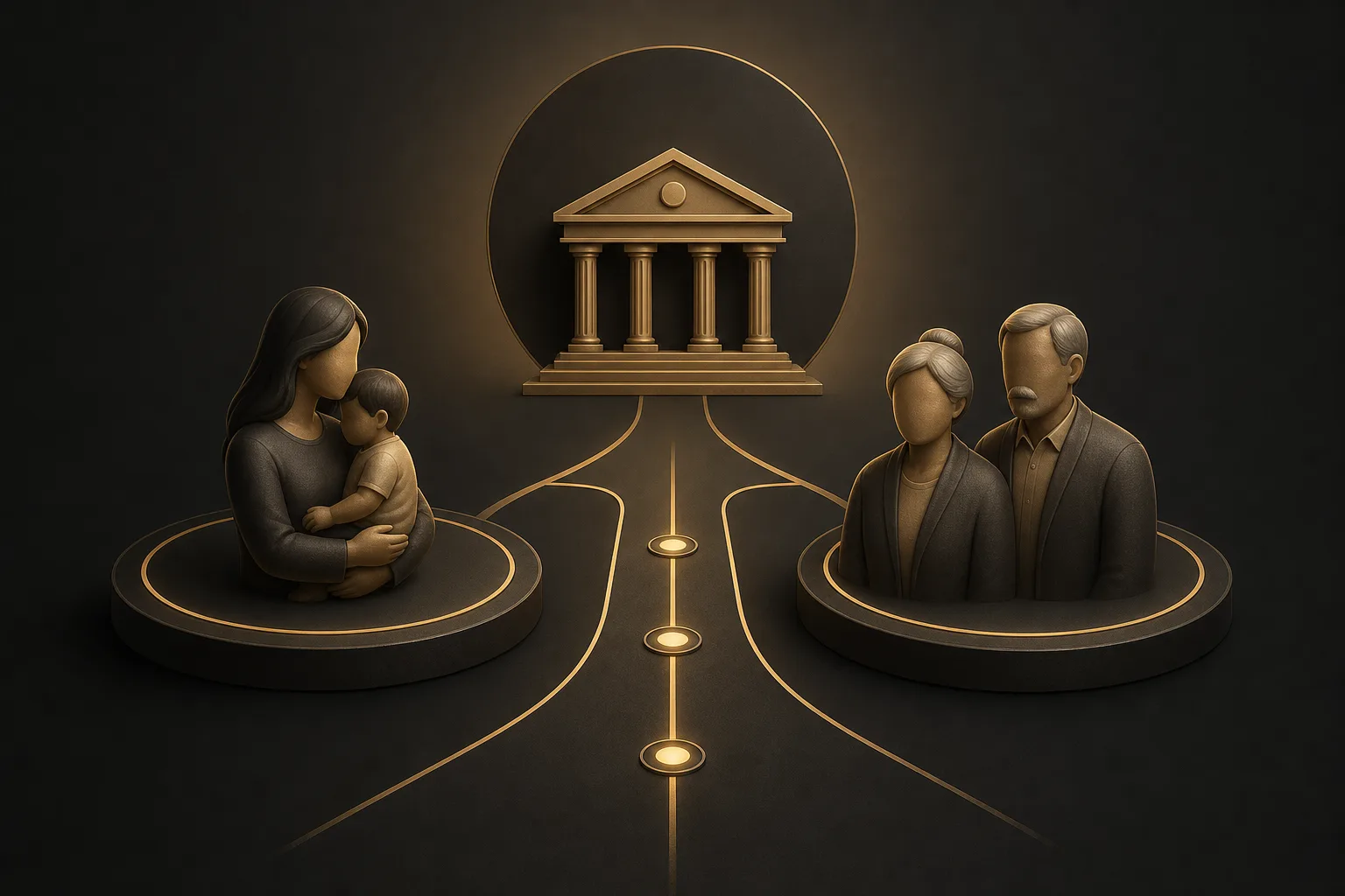 رسم توضيحي يرمز إلى ترتيب مستحقي الحضانة ودور المحكمة في تقييم الأهلية