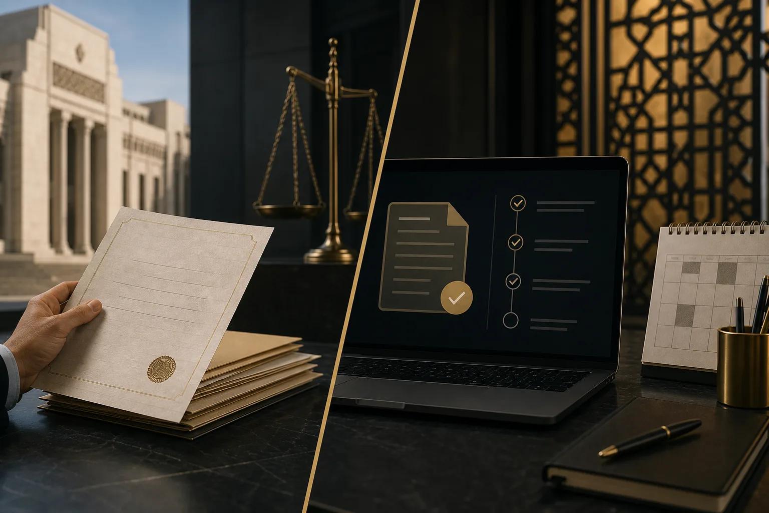 A paper court notice compared with an electronic service record and a deadline calendar